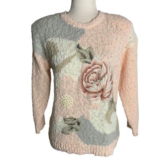 Jamie Scott Sweaters - Vintage 80s Boucle Knit Sweater S Pink Embroidered Rose Applique Beaded Pullover